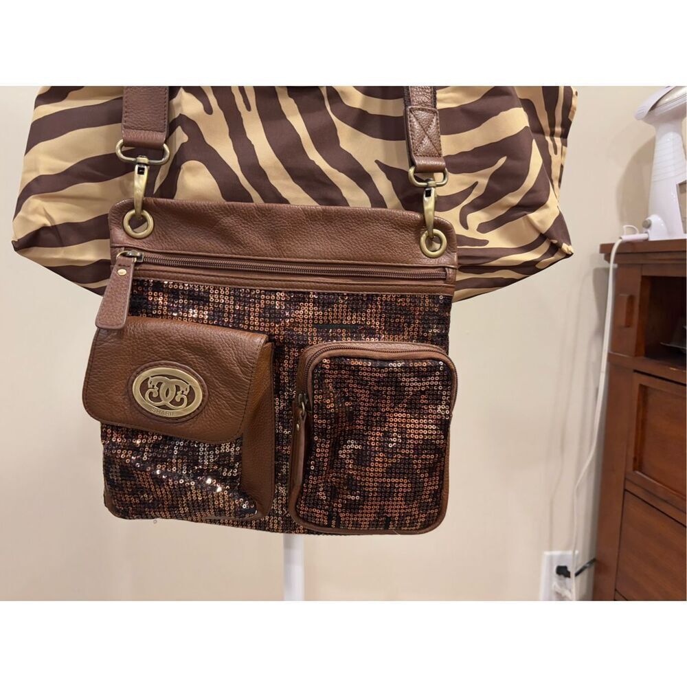 Sharif Women's Sequined Leopard Print Crossbody Handbag With Dust Bag Brown